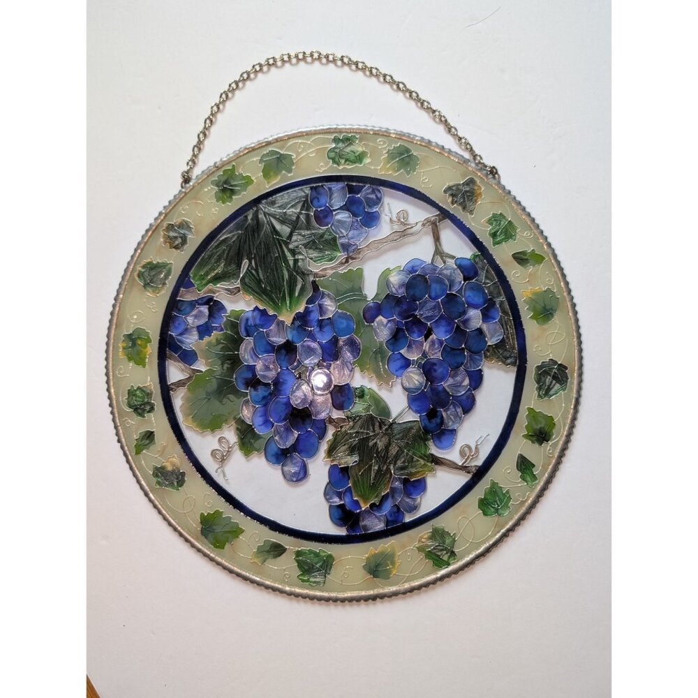 Joan Baker Round Stained Glass Suncathcher Grape Design 10" Hanging Chain Decor